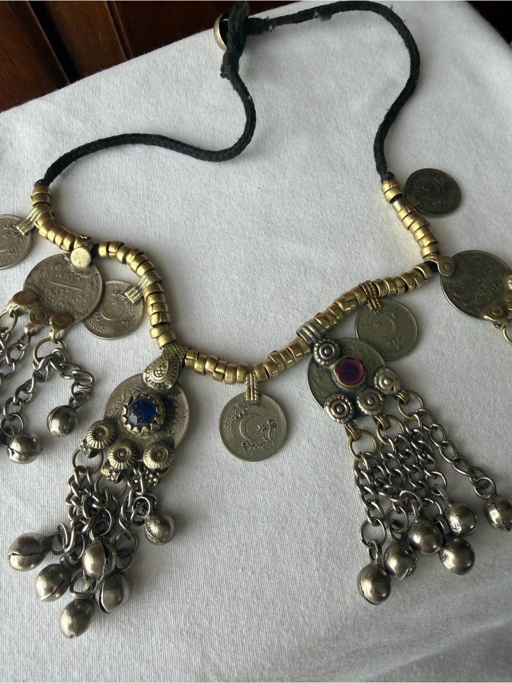 Boho Tribal Coin Tassel Necklace Afghan Style Bells Blue Pink Cabochons - Picture 5 of 10